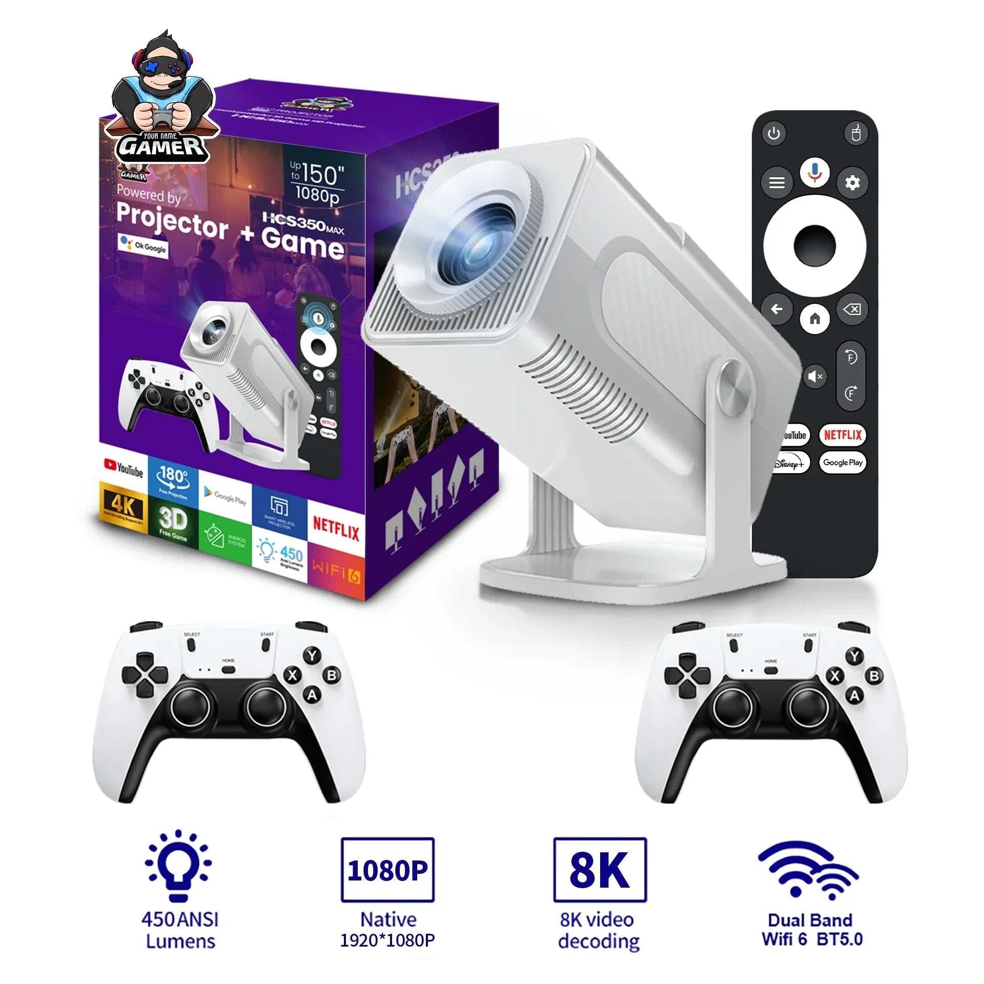 NEW HCS350 MAX  Portable HD Retro Console Android 11 Mini Projector Dual Joystick 3D Home Theater System WiFi BT